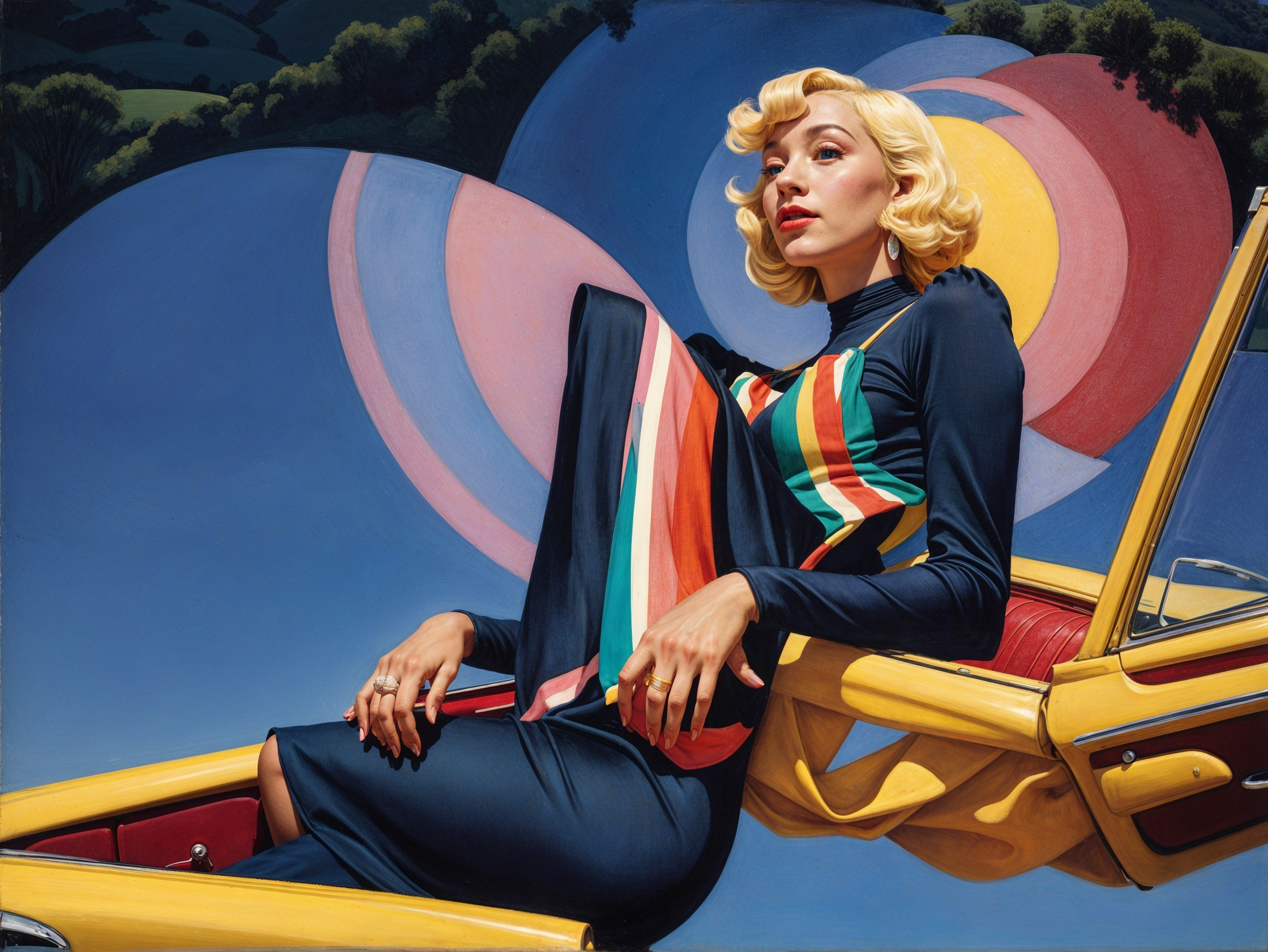 Glamorous Vintage Figure in Yellow Convertible Scene