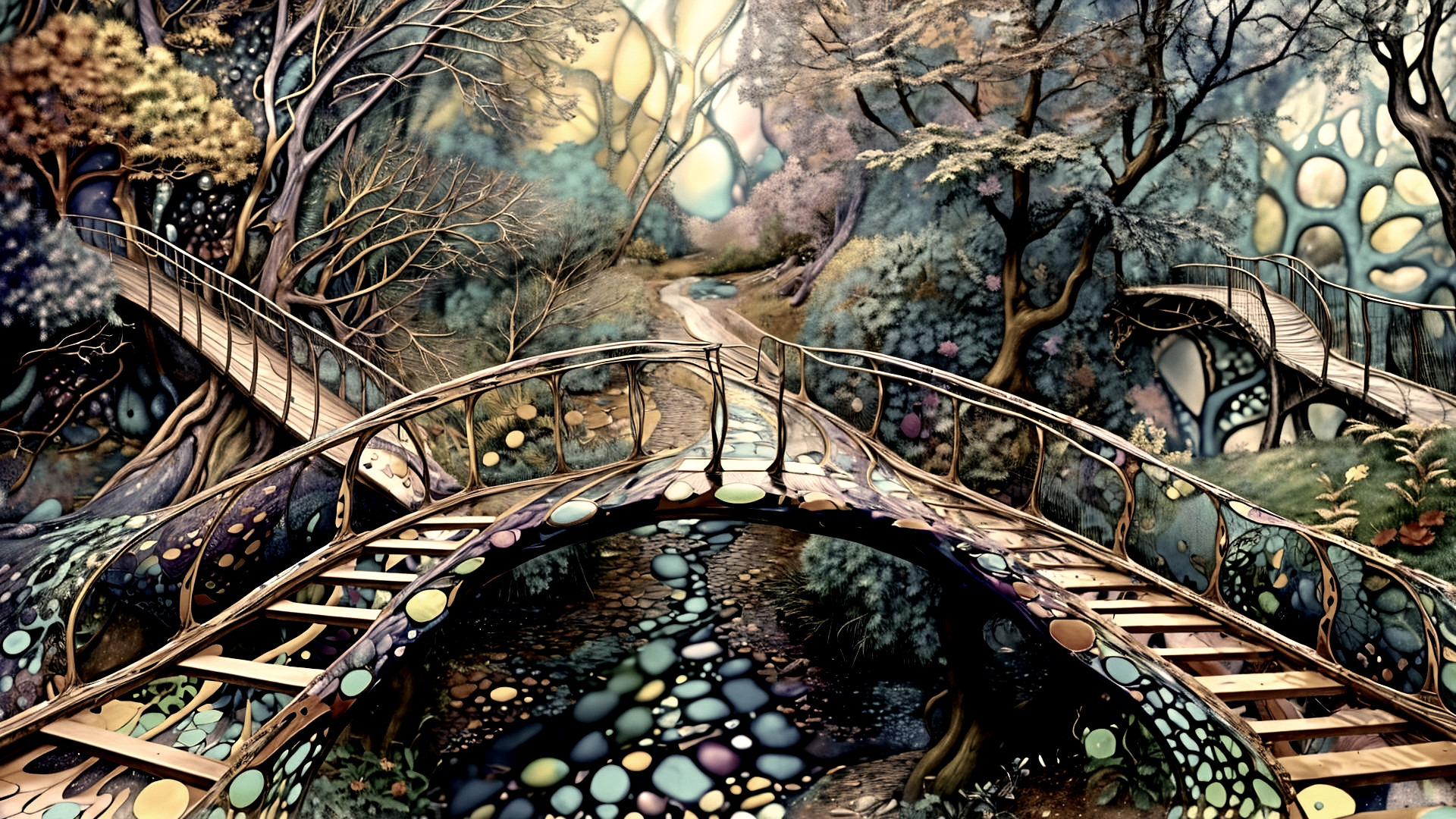 Surreal Landscape with Whimsical Bridges and Trees