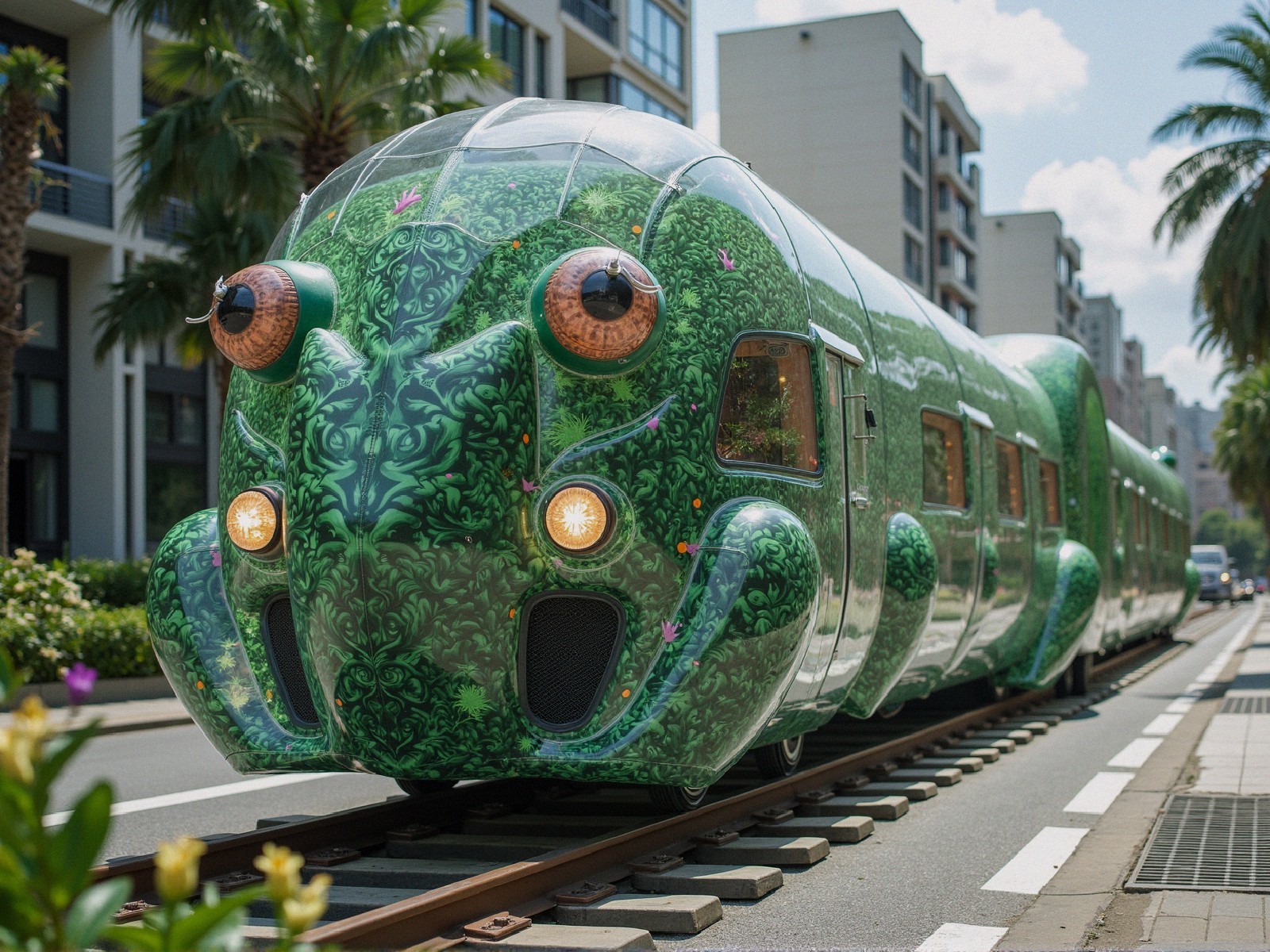 Whimsical Train Designed as a Giant Frog with Foliage