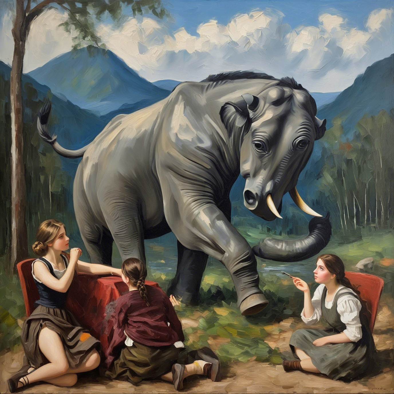 Whimsical Scene of Girls with Elephant in Nature