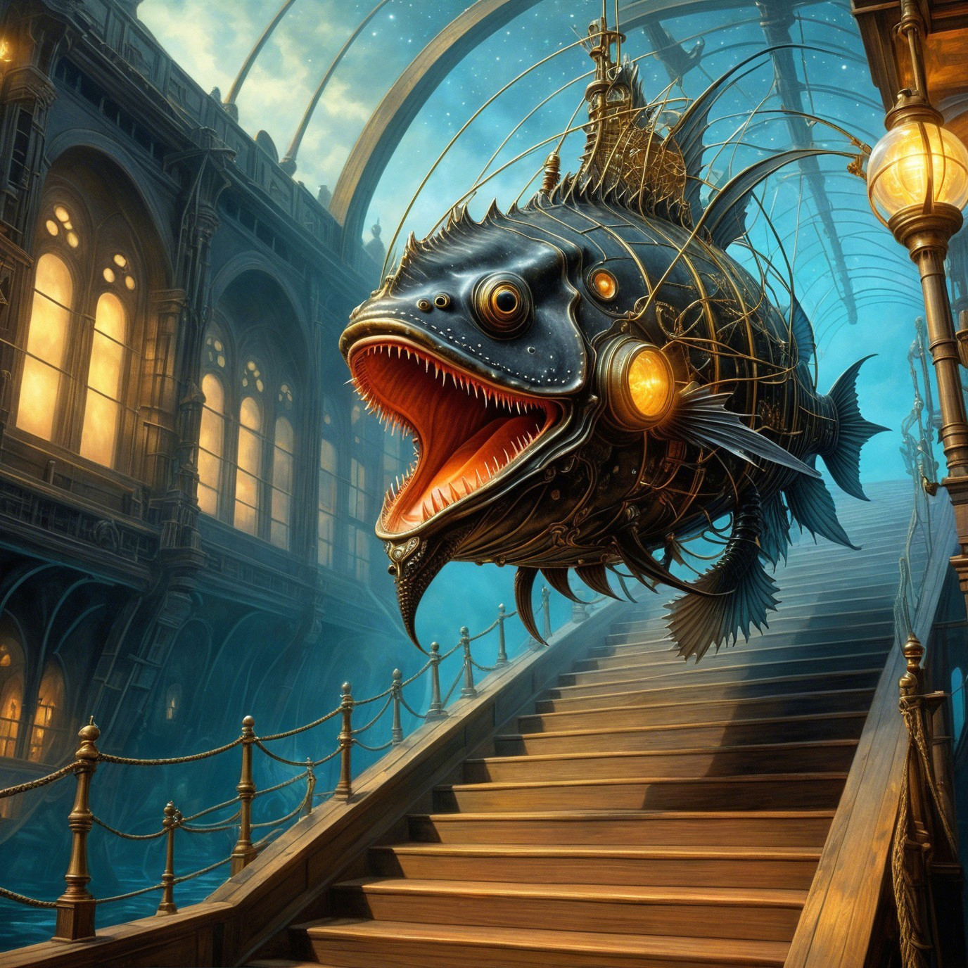 Mechanical Fish Ascending Ornate Staircase in Fantasy