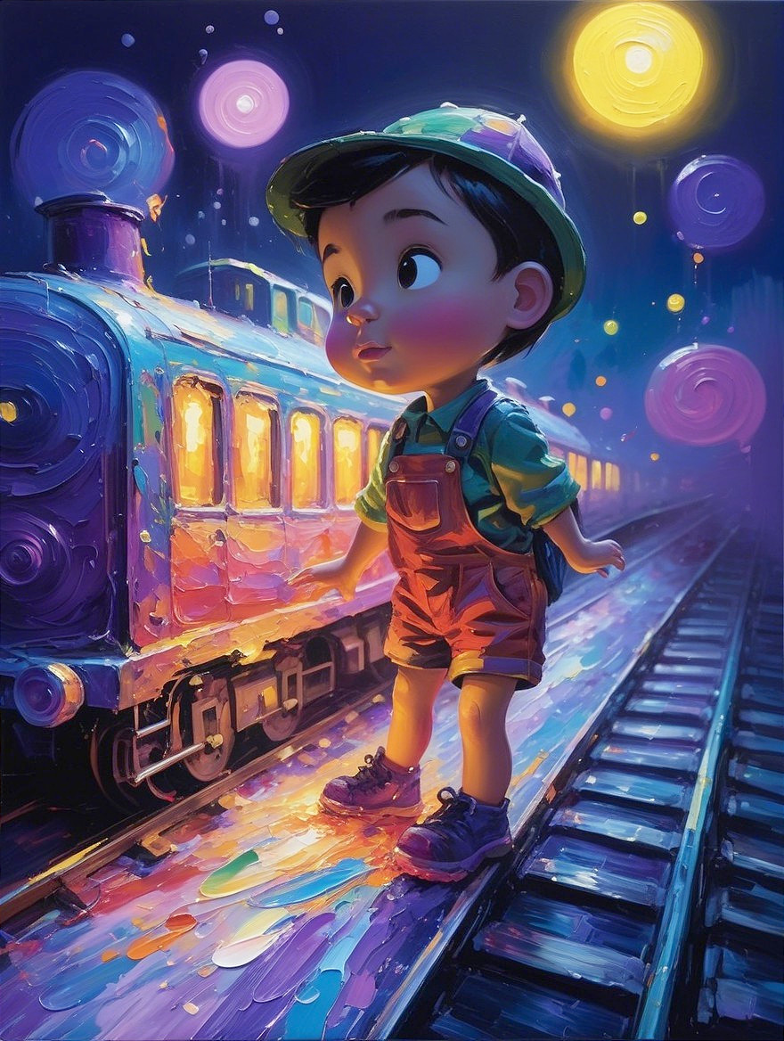 Young Boy on Colorful Train Track at Night