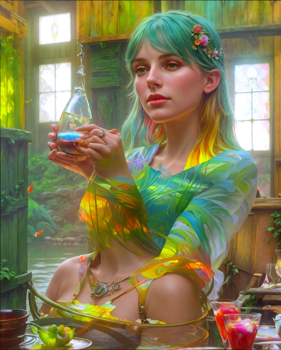 Young woman with green hair in a sunlit room
