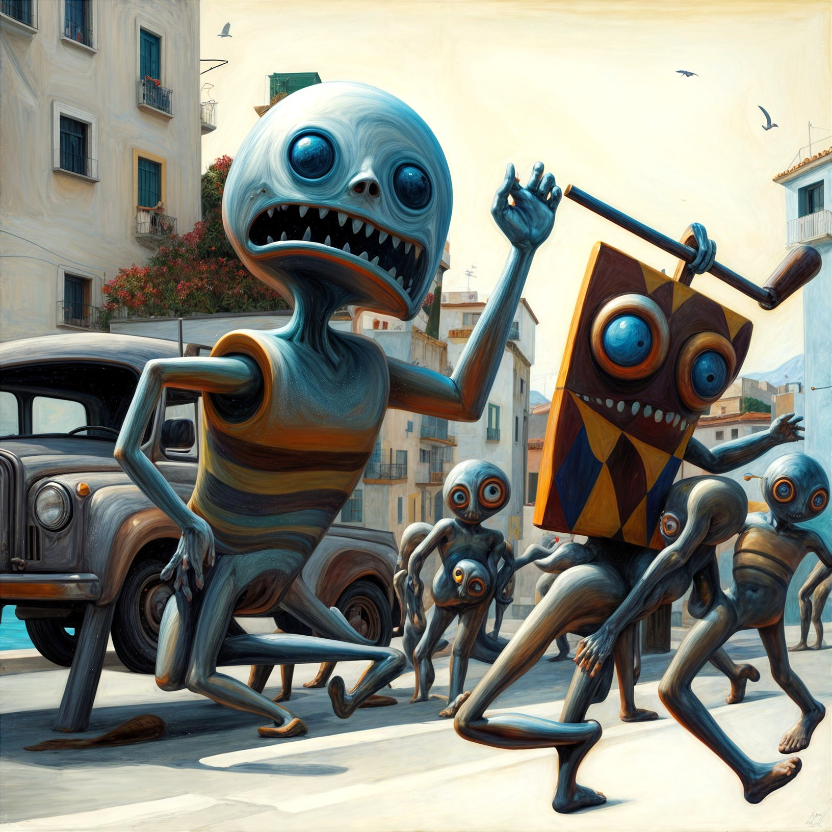 Surreal Coastal Town with Oversized Creatures