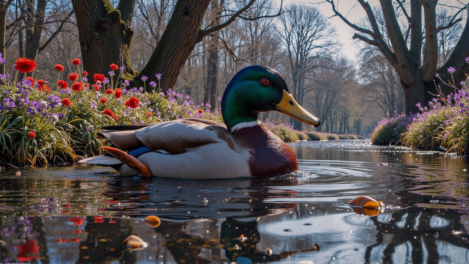 Male Mallard Duck Swimming in Reflective Pond Scene