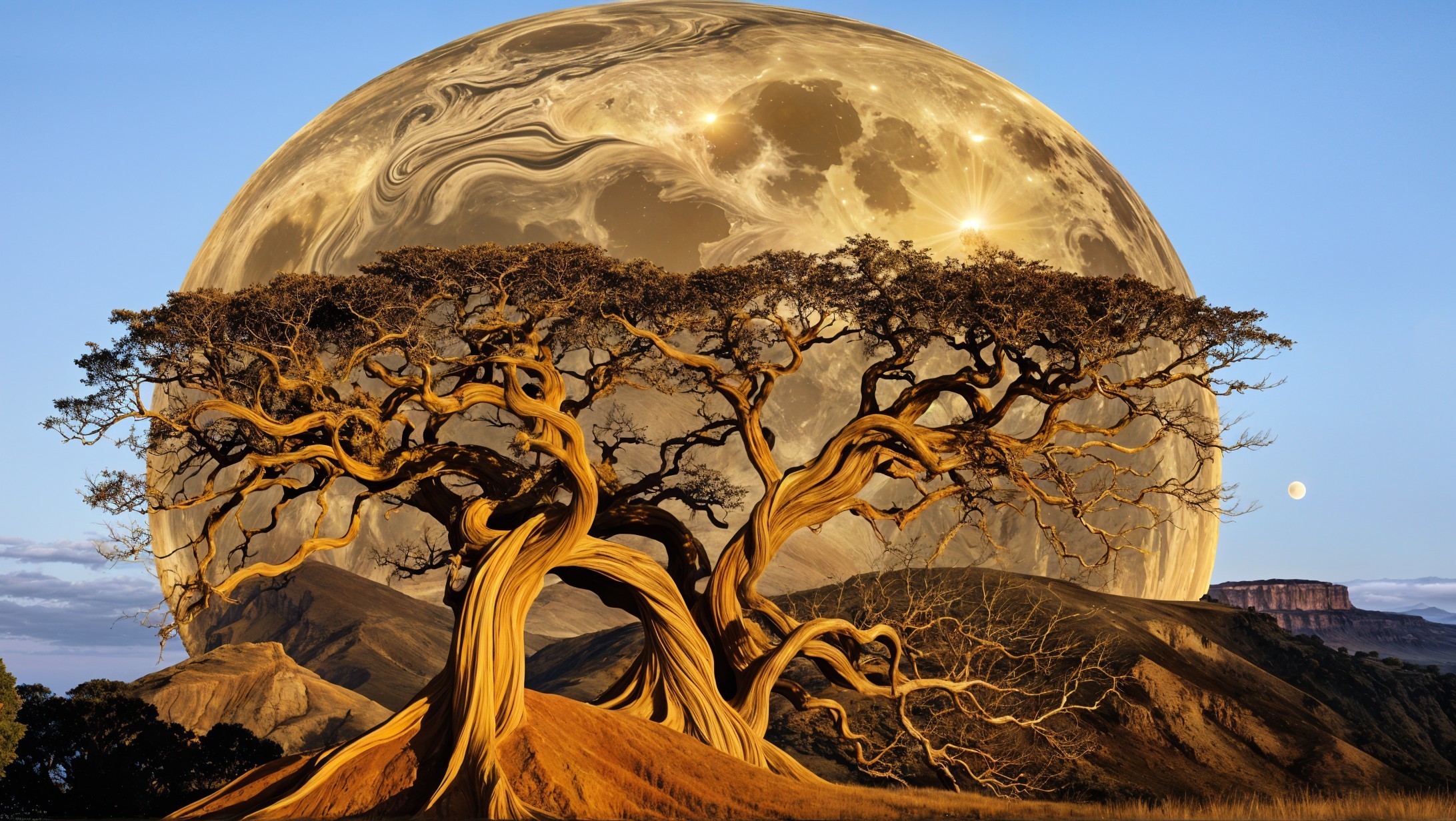 Majestic tree with twisted branches under a luminous moon