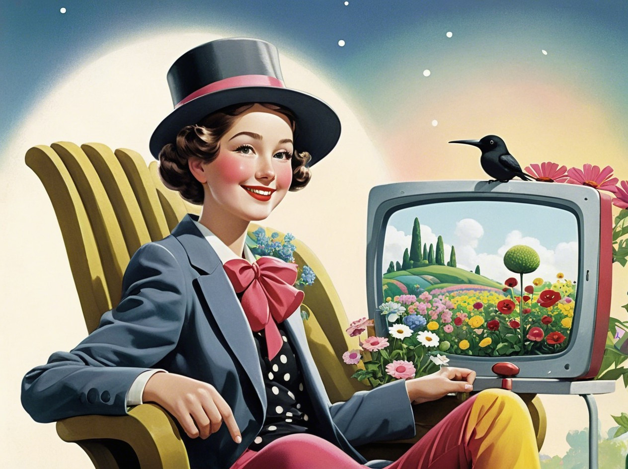 Cheerful woman in vintage attire with colorful flowers