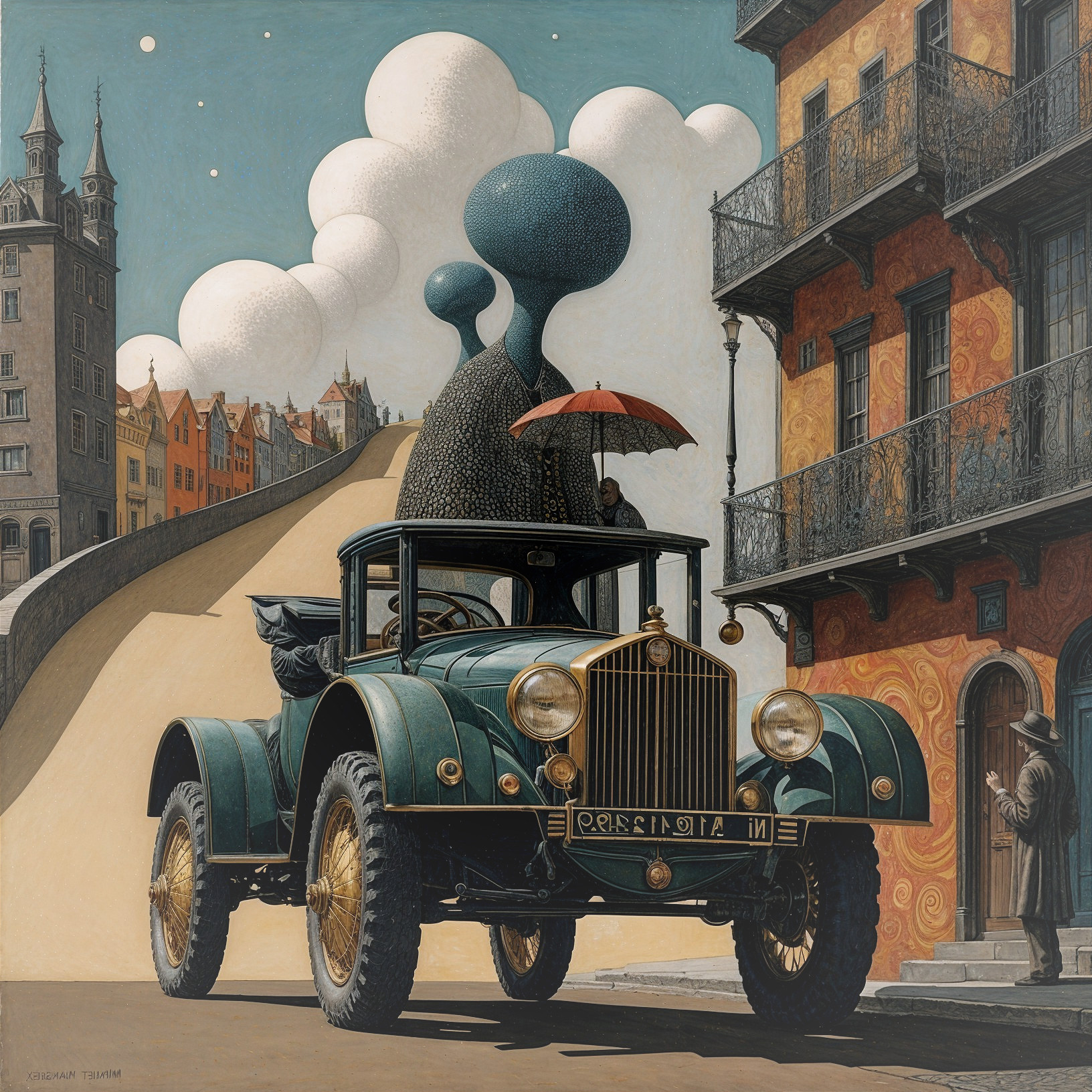 Vintage Green Automobile in Surreal Cityscape