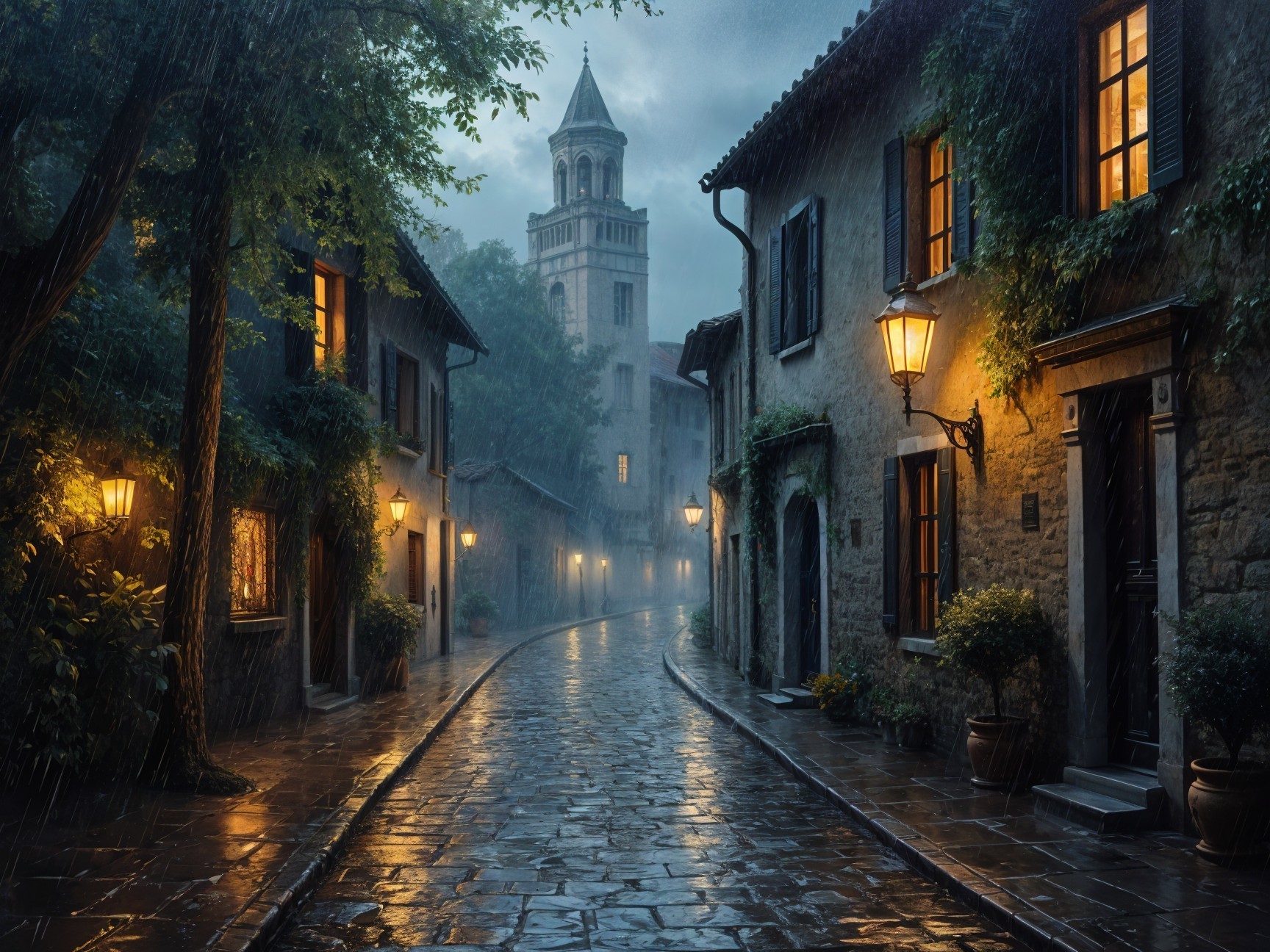 Cobblestone Street in Picturesque Rainy Village