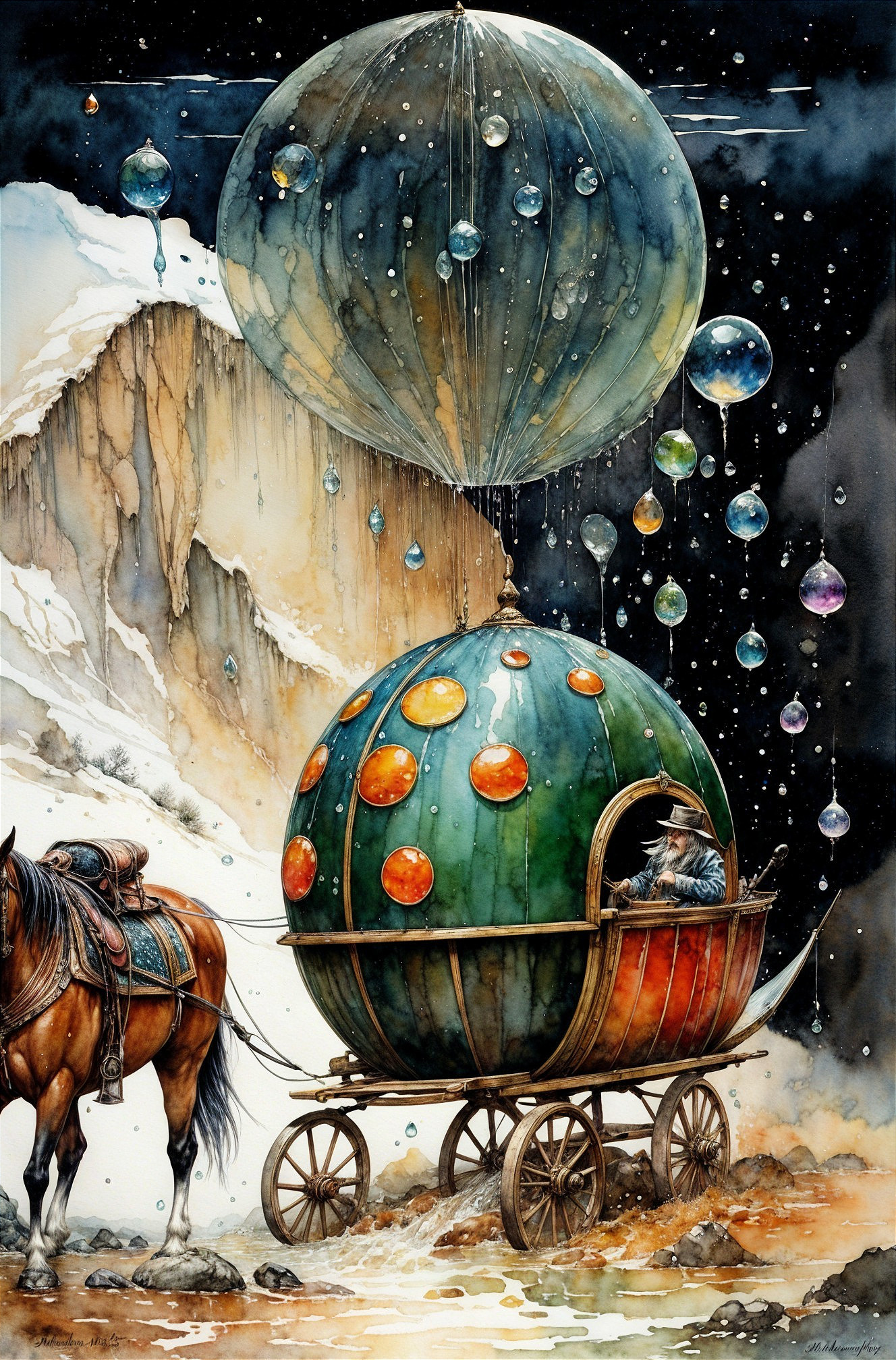 Colorful Hot Air Balloon with Horse in Dreamlike Scene