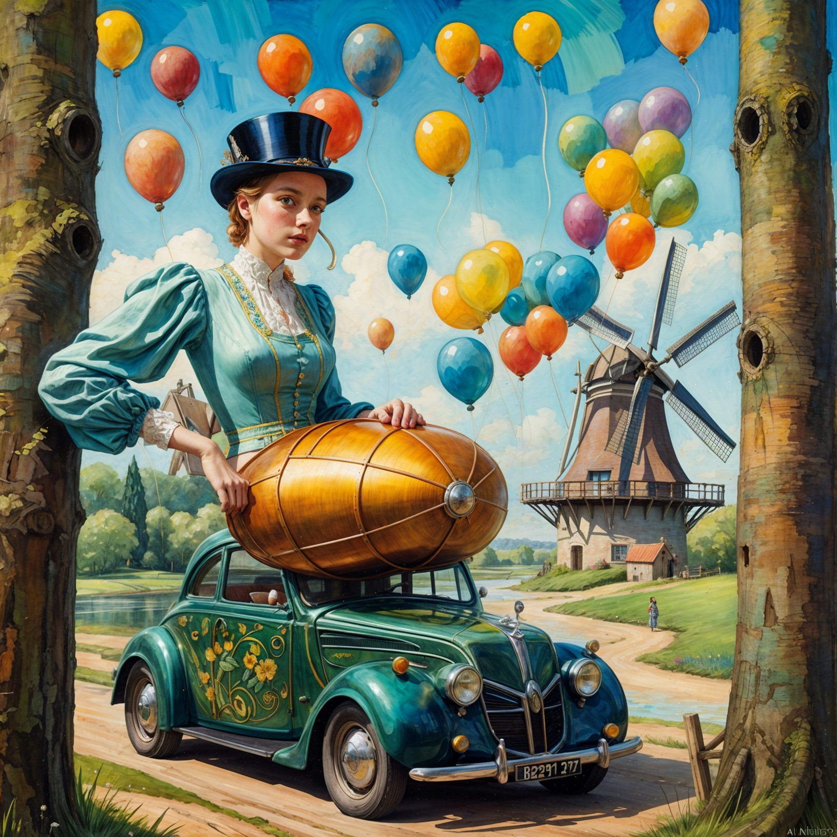 Vintage Attire Woman with Airship and Green Car Scene