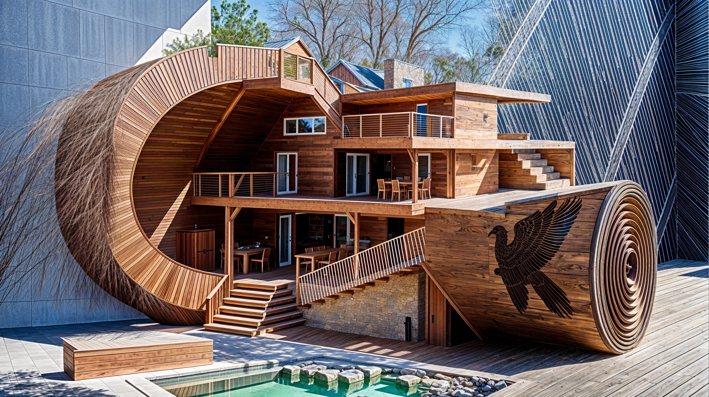 Unique Wooden House with Cylindrical Design and Pool