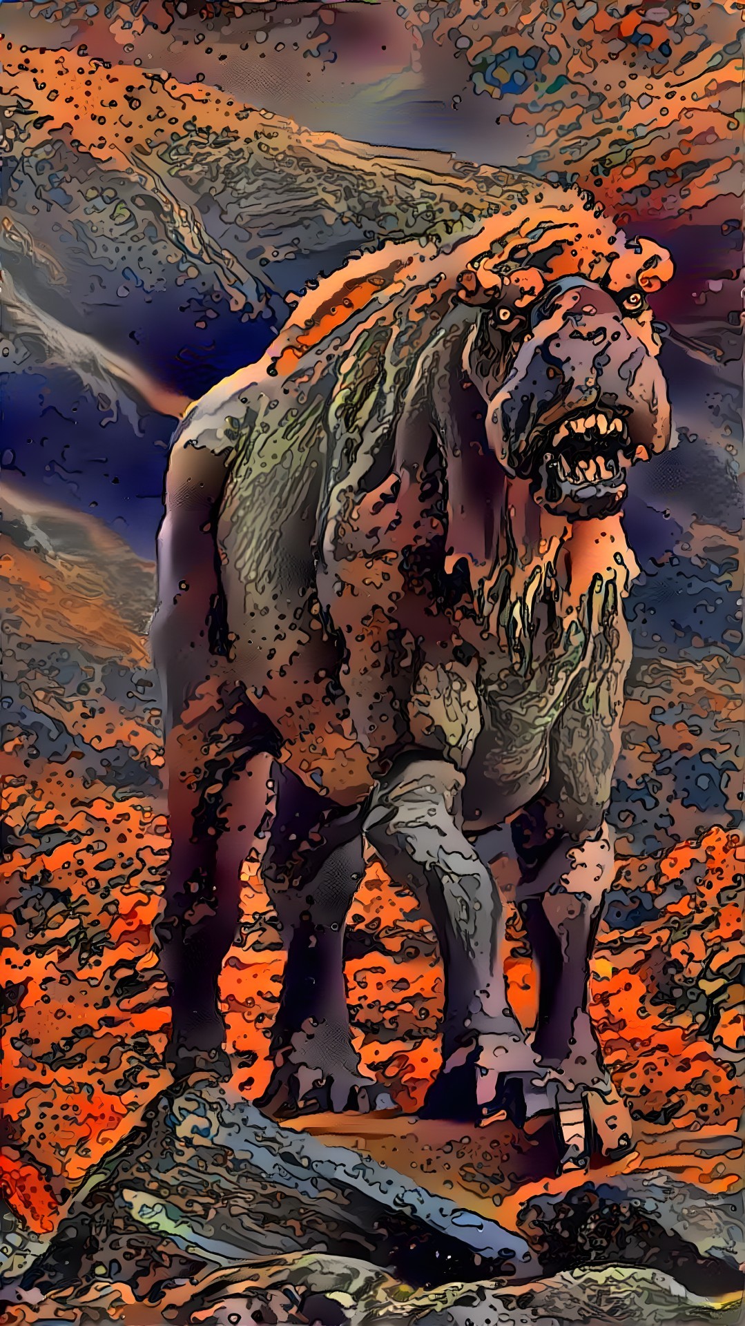 Stylized prehistoric creature in vibrant landscape