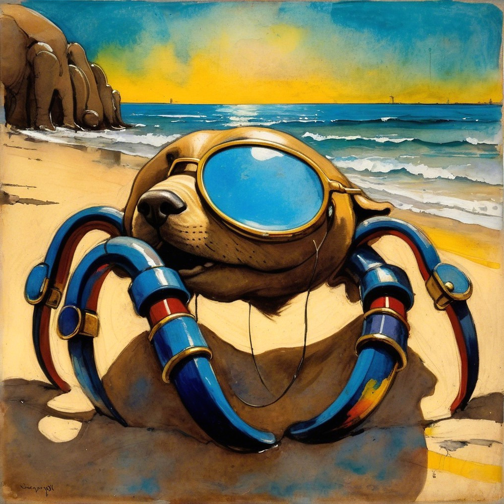 Whimsical Crab-Dog Creature on a Beach at Sunset