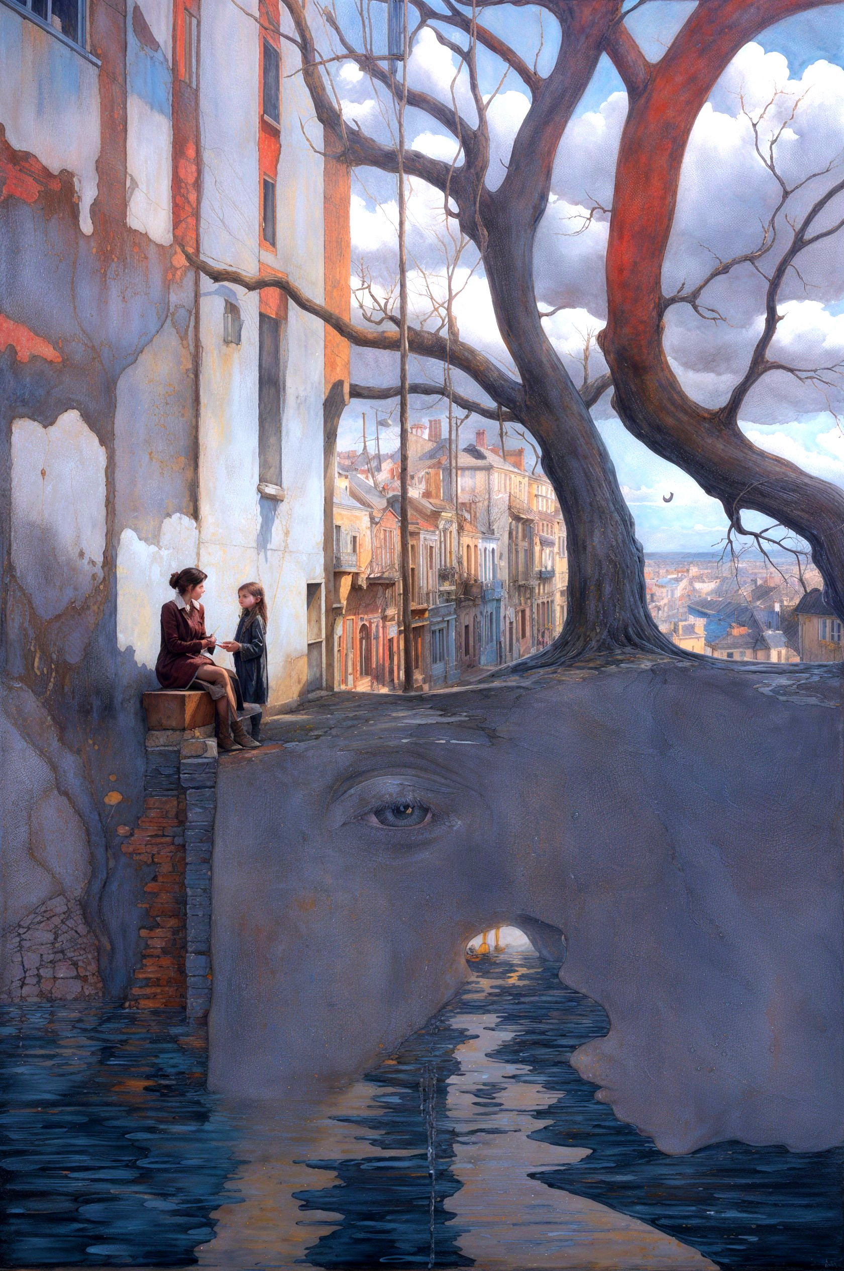Surreal Landscape with Face, River, and Figures