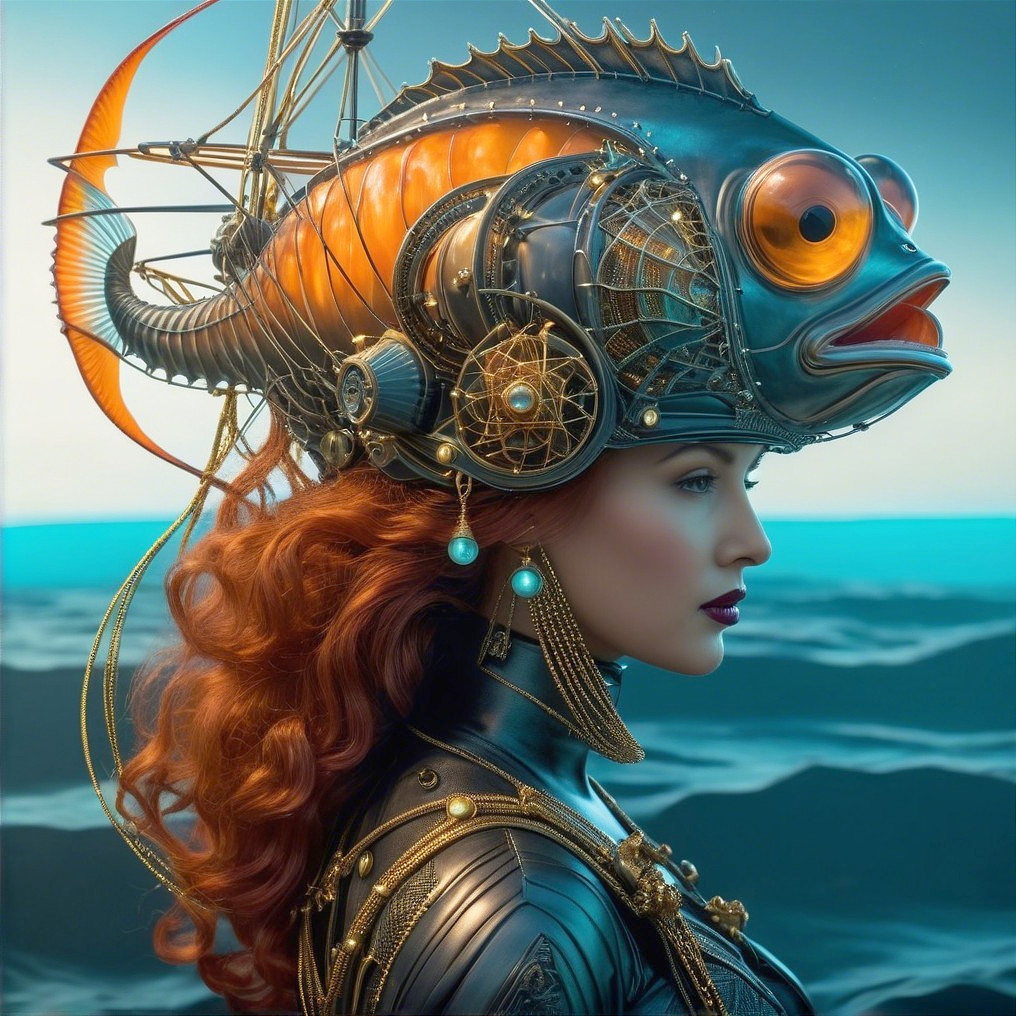 Portrait of a woman with a fish-shaped hat and red hair