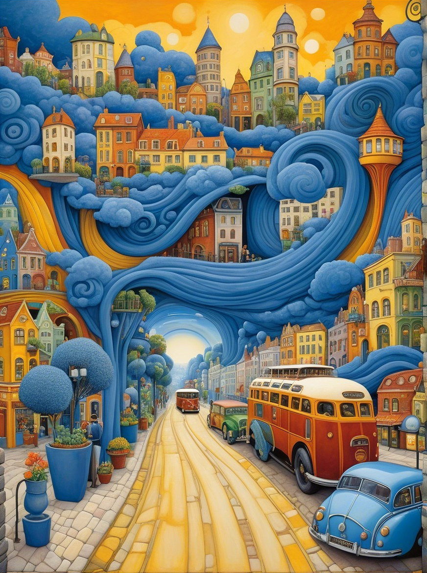 Whimsical cityscape with colorful houses and waves