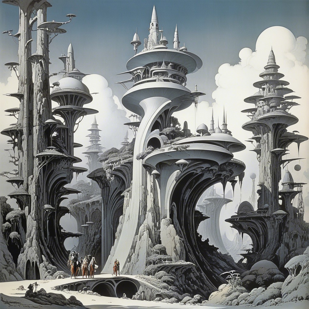 Surreal Landscape with Futuristic Structures and Travelers