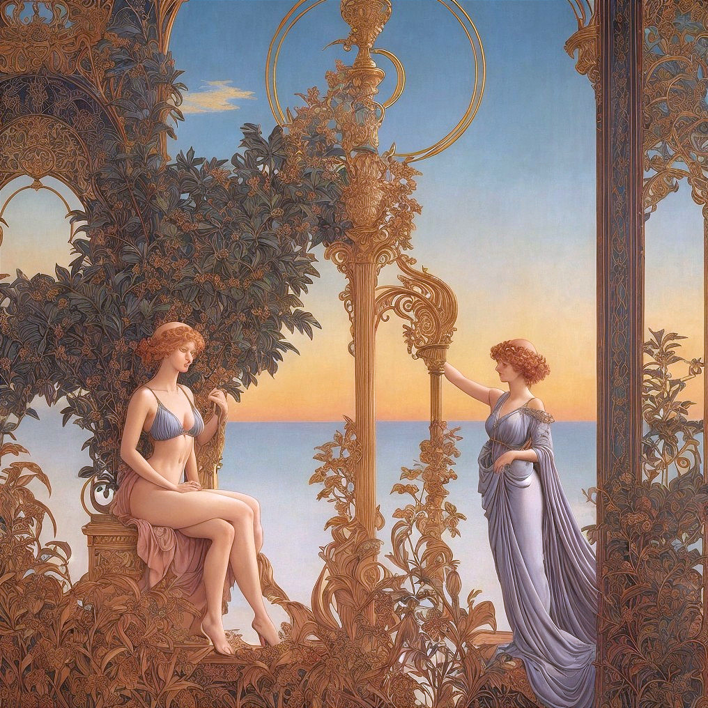 Elegant Women in Ornate Setting with Sunset Background