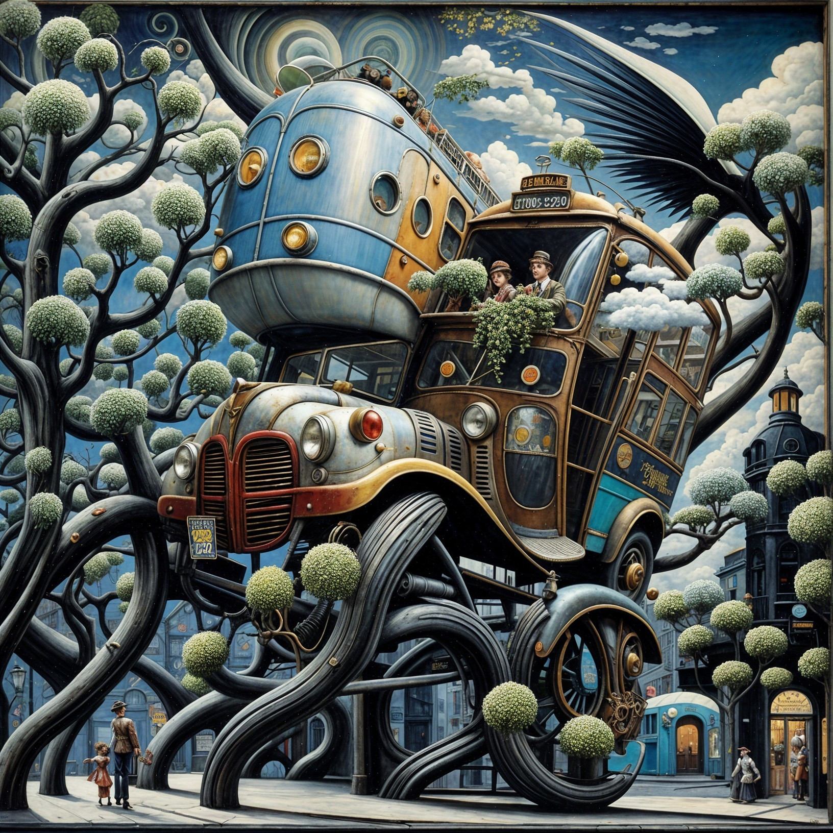 Surreal Scene of Vintage Bus on Futuristic Train