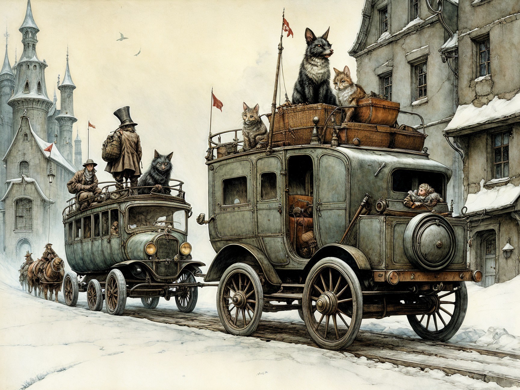 Whimsical Winter Scene with Vintage Vehicles and Cats
