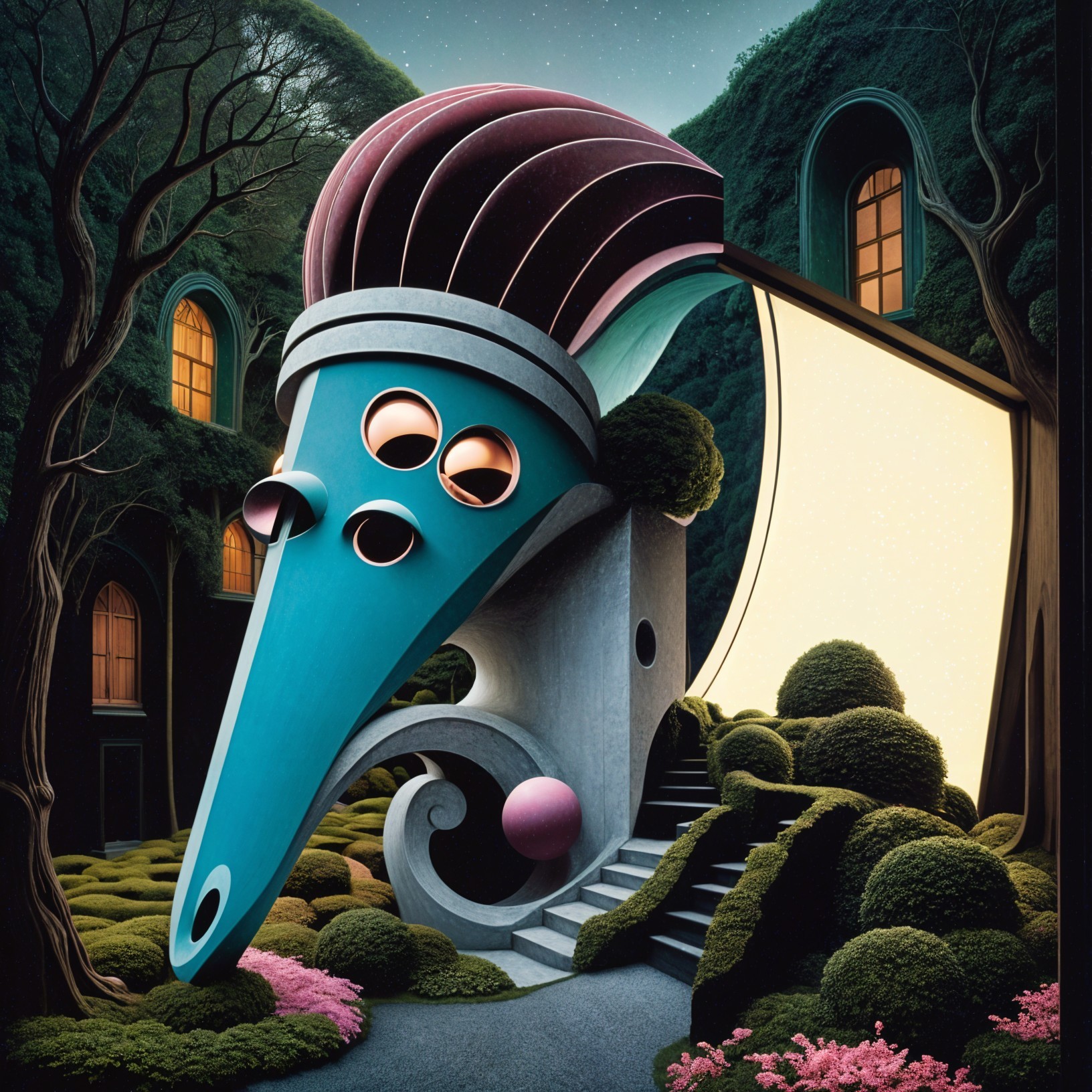 Whimsical Bird Head Structure in Vibrant Garden Setting