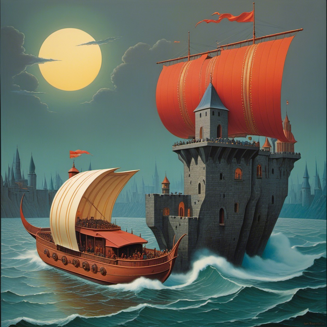 Castle by Choppy Sea with Red-Sailed Ship and Moonlight