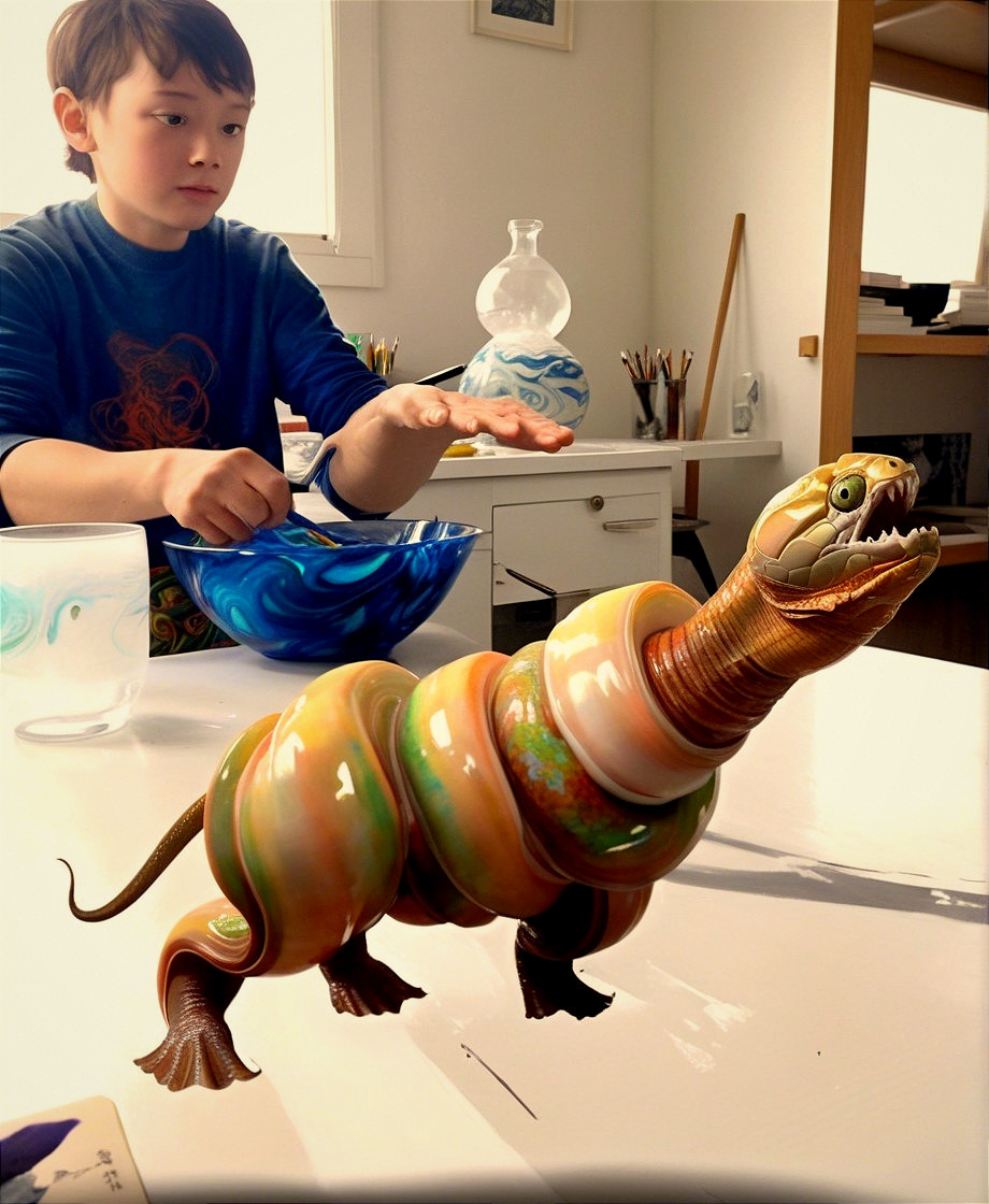 Young Boy's Creative Art Project with Whimsical Creature