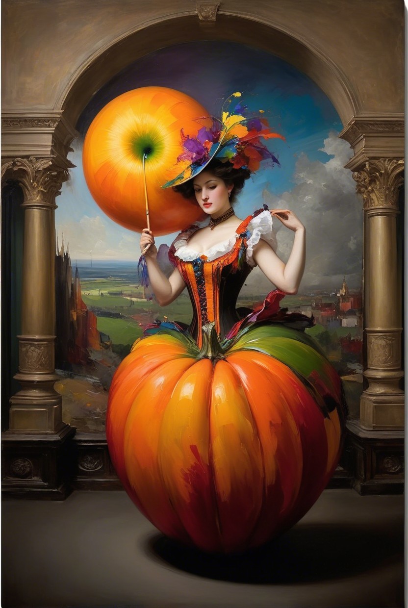 Whimsical Woman in Pumpkin-Inspired Gown and Umbrella