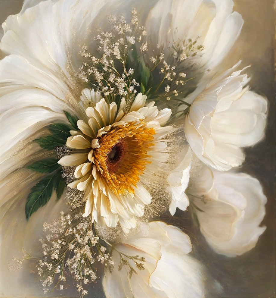 Floral Arrangement of White Blooms and Sunflower