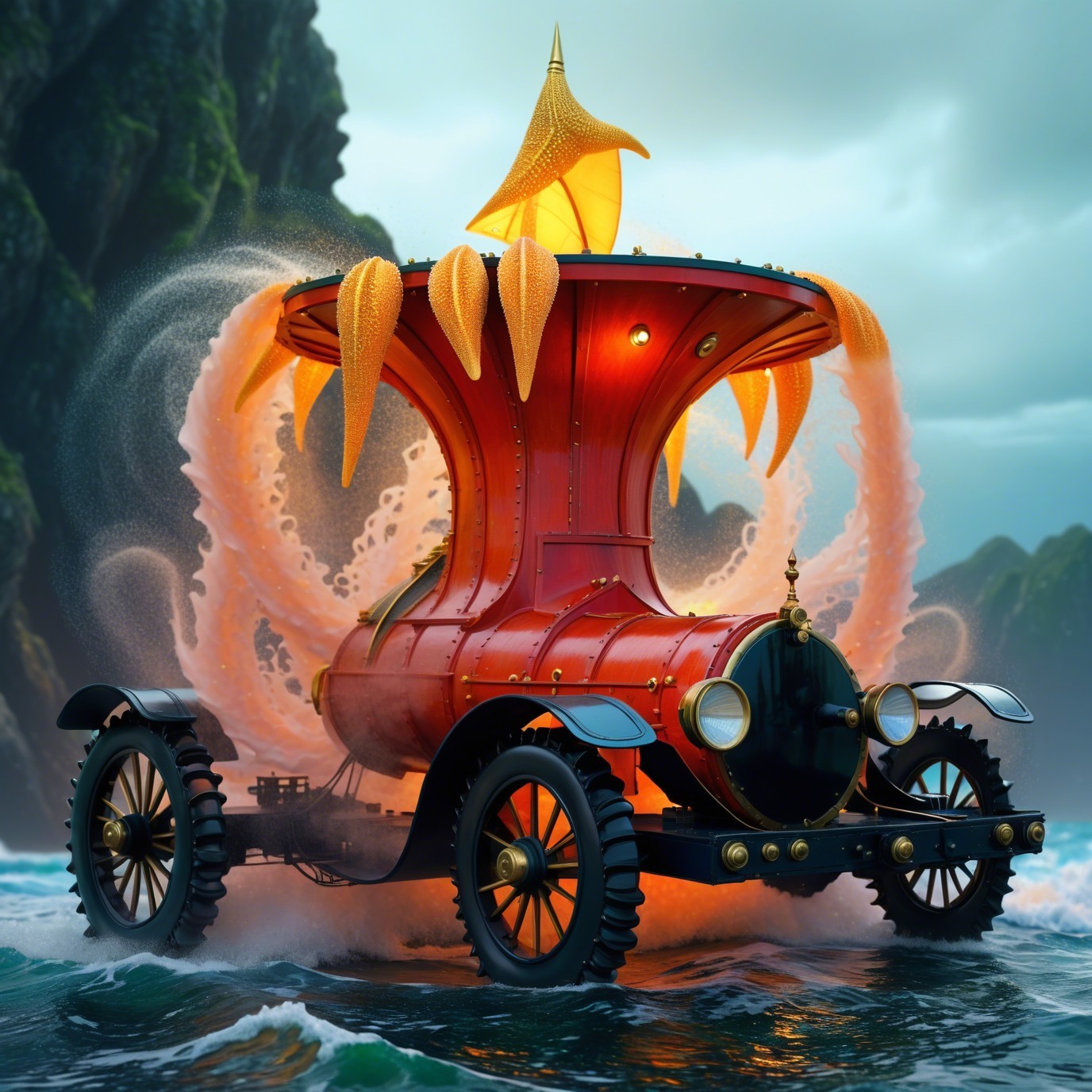 Whimsical Vintage Car in Mystical Ocean Setting