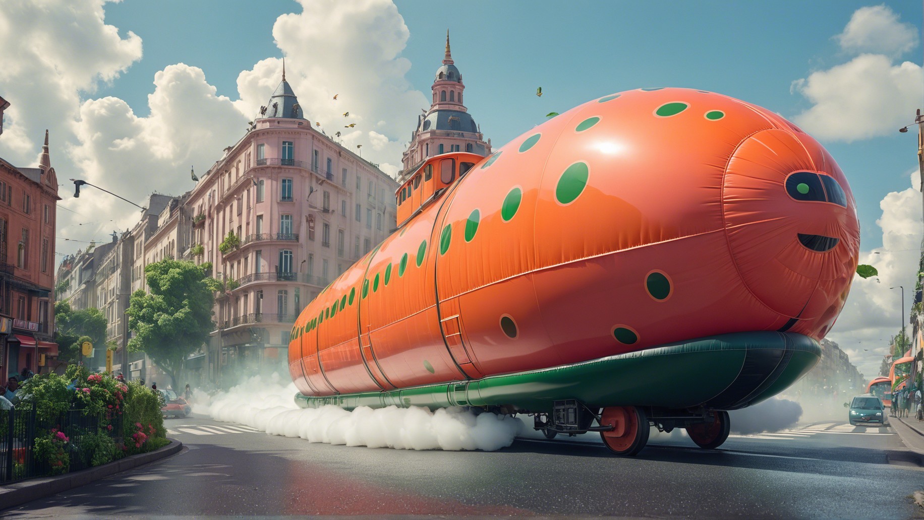Inflatable Submarine Vehicle in City with Mist and Clouds
