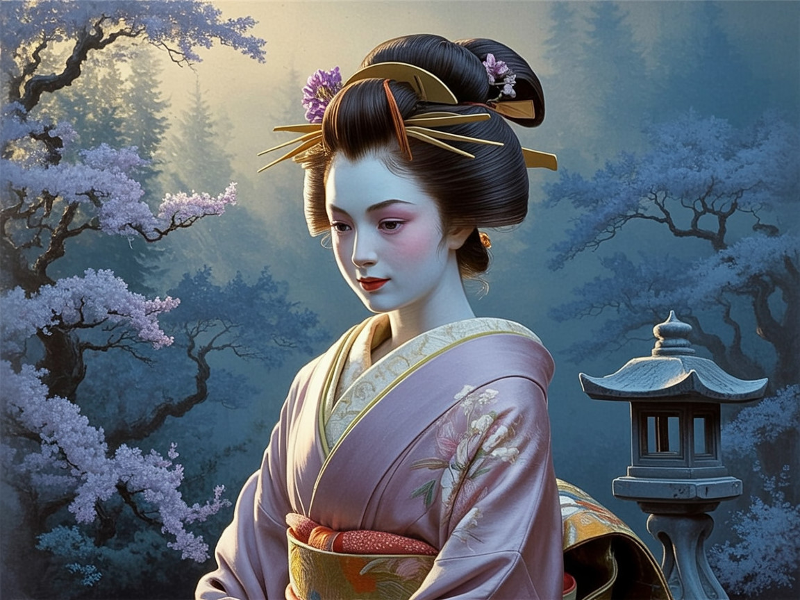 Sophisticated Geisha in a Wintery Forest Oil Painting