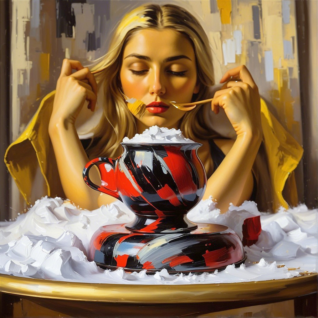 Woman Tasting Dish with Artistic Background Elements