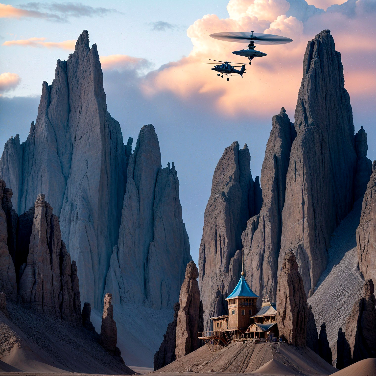 Dramatic Landscape with Rock Formations and Sunset Sky