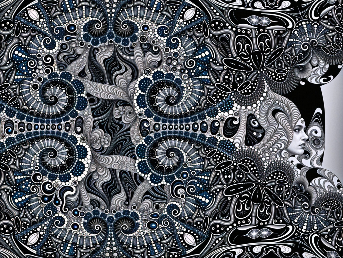 Intricate Black and White Abstract Design with Blue Accents