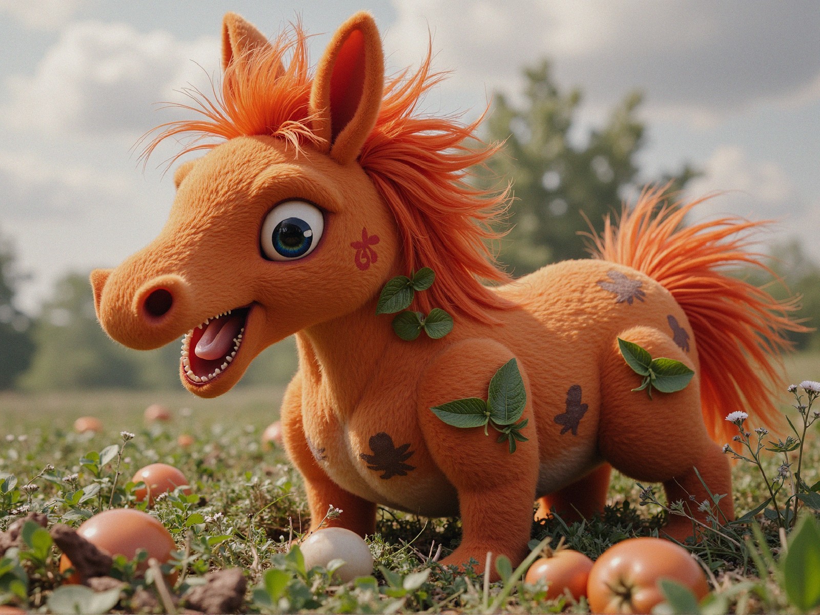 Vibrant Orange Pony in Grassy Field with Eggs