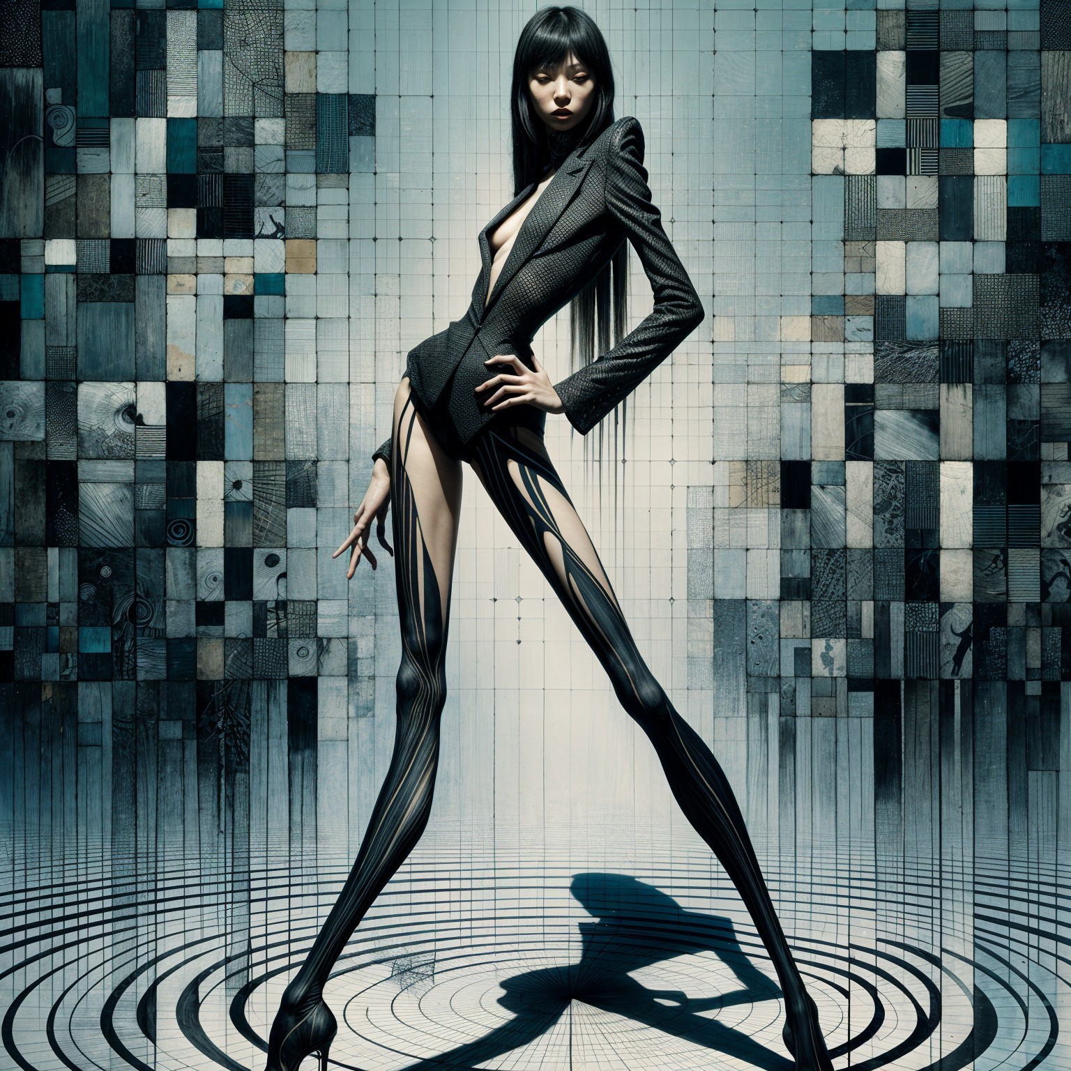 Futuristic Figure in Monochromatic Geometric Setting