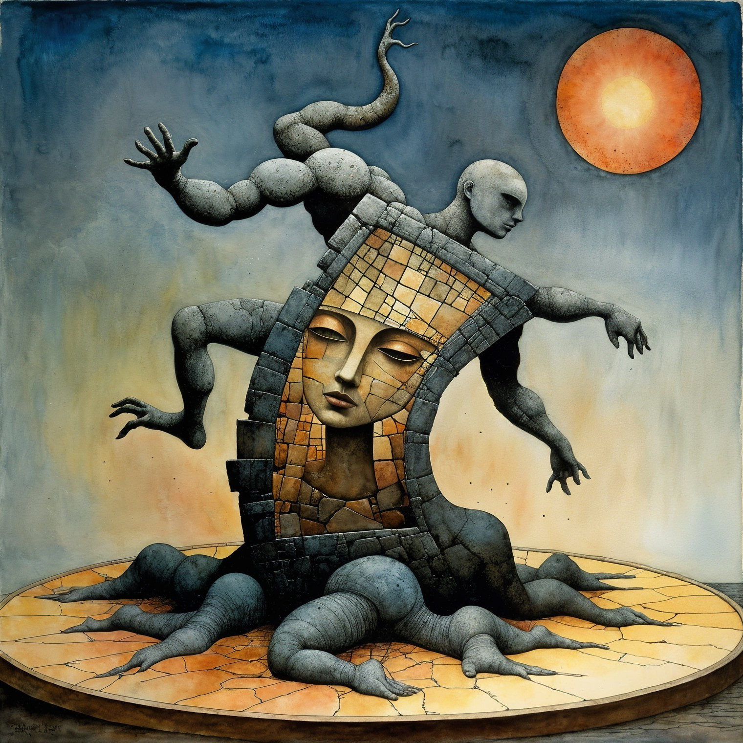 Surreal Artwork of Humanoid Figure and Fragmented Face