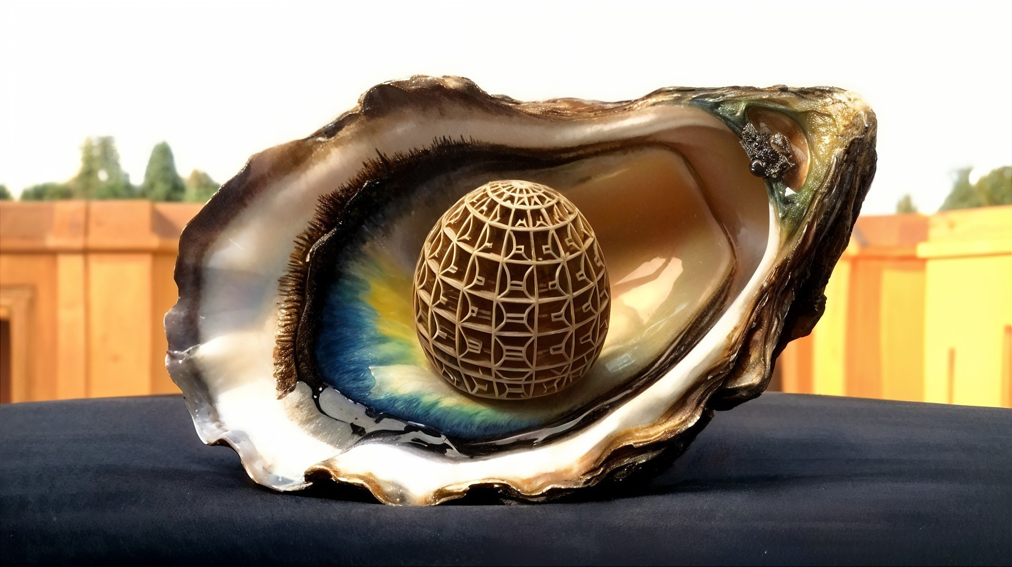Open oyster shell with woven object at center