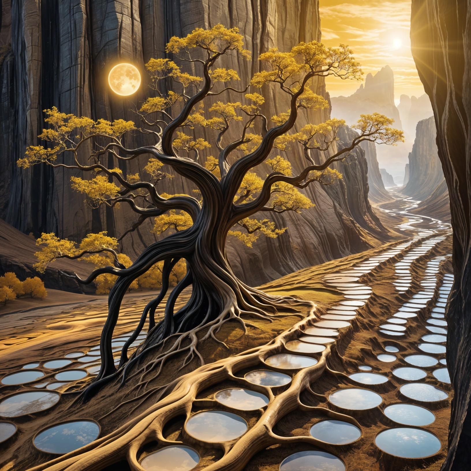 Surreal Landscape with Golden Tree and Winding River
