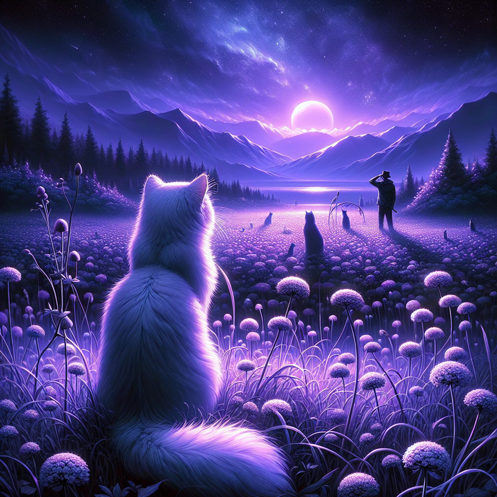 Mystical Landscape with White Cat and Sunset View