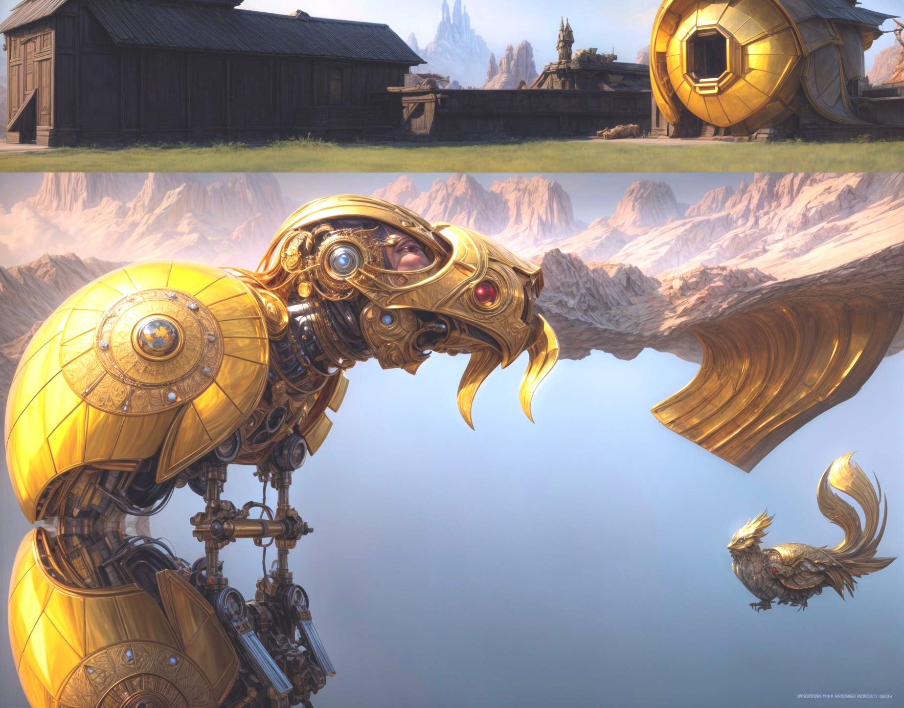 Futuristic Landscape with Golden Robotic Birds