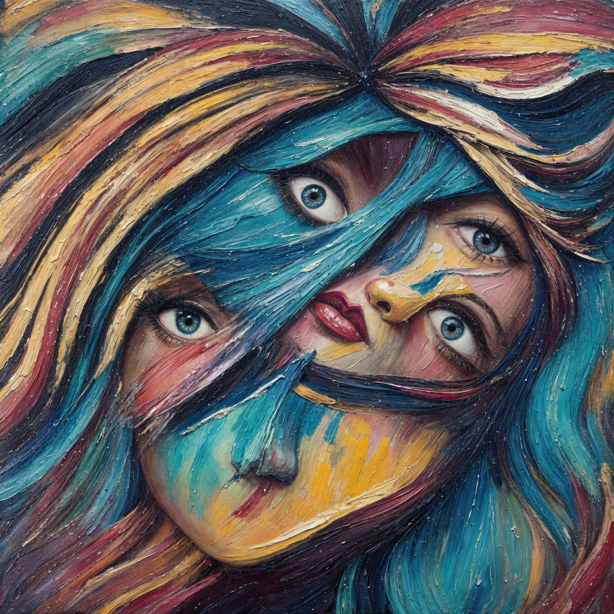 Surreal Artwork of Intertwined Human Faces and Colors