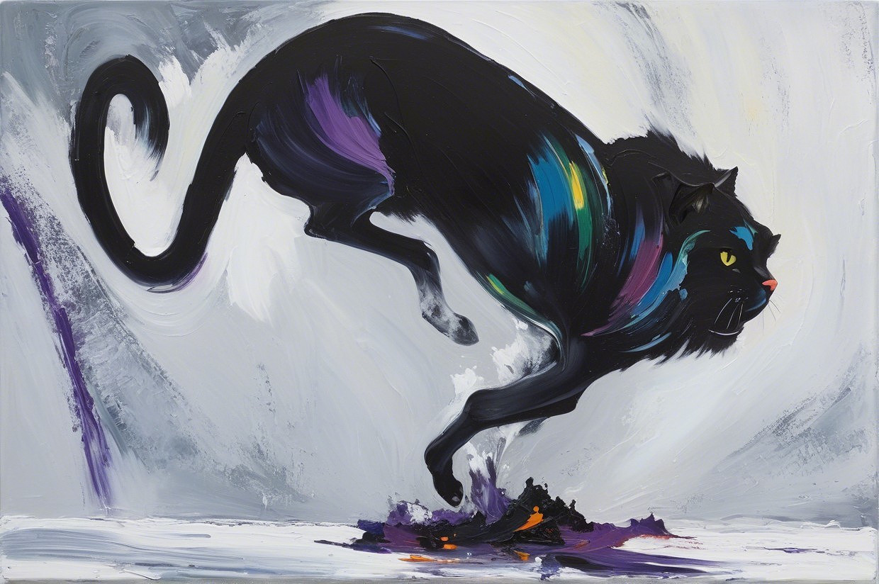 Abstract Painting of a Black Cat in Mid-Leap