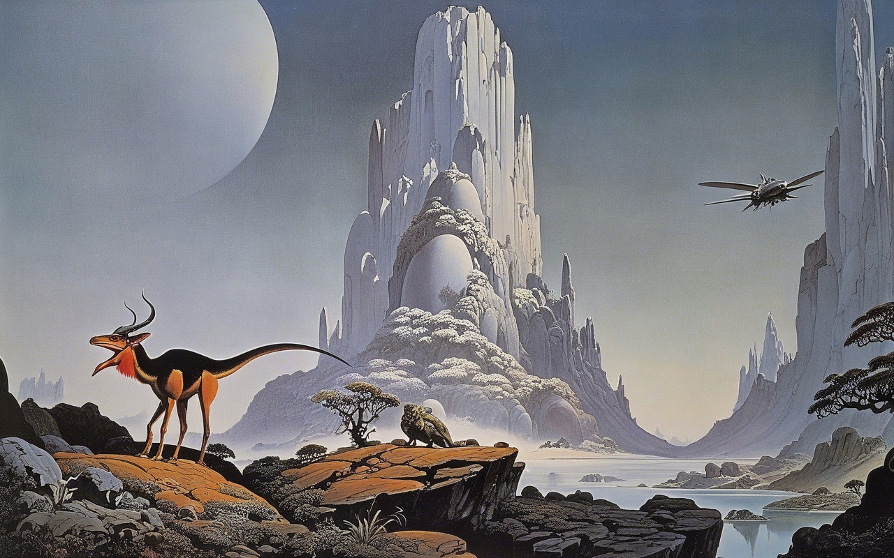 Surreal Landscape with Mountains, Moon, and Creatures