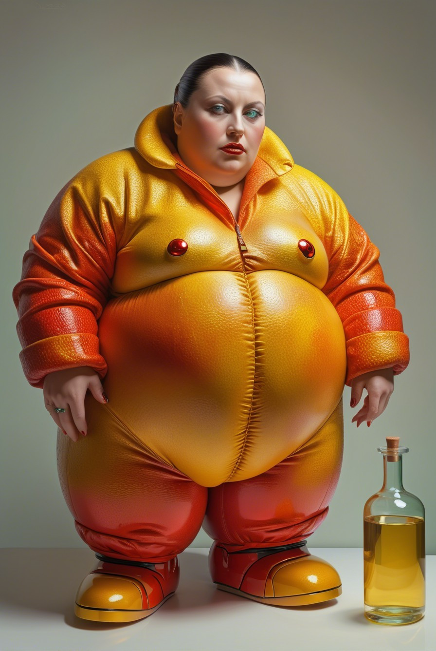 Surreal Figure in Bright Outfit with Olive Oil Bottle