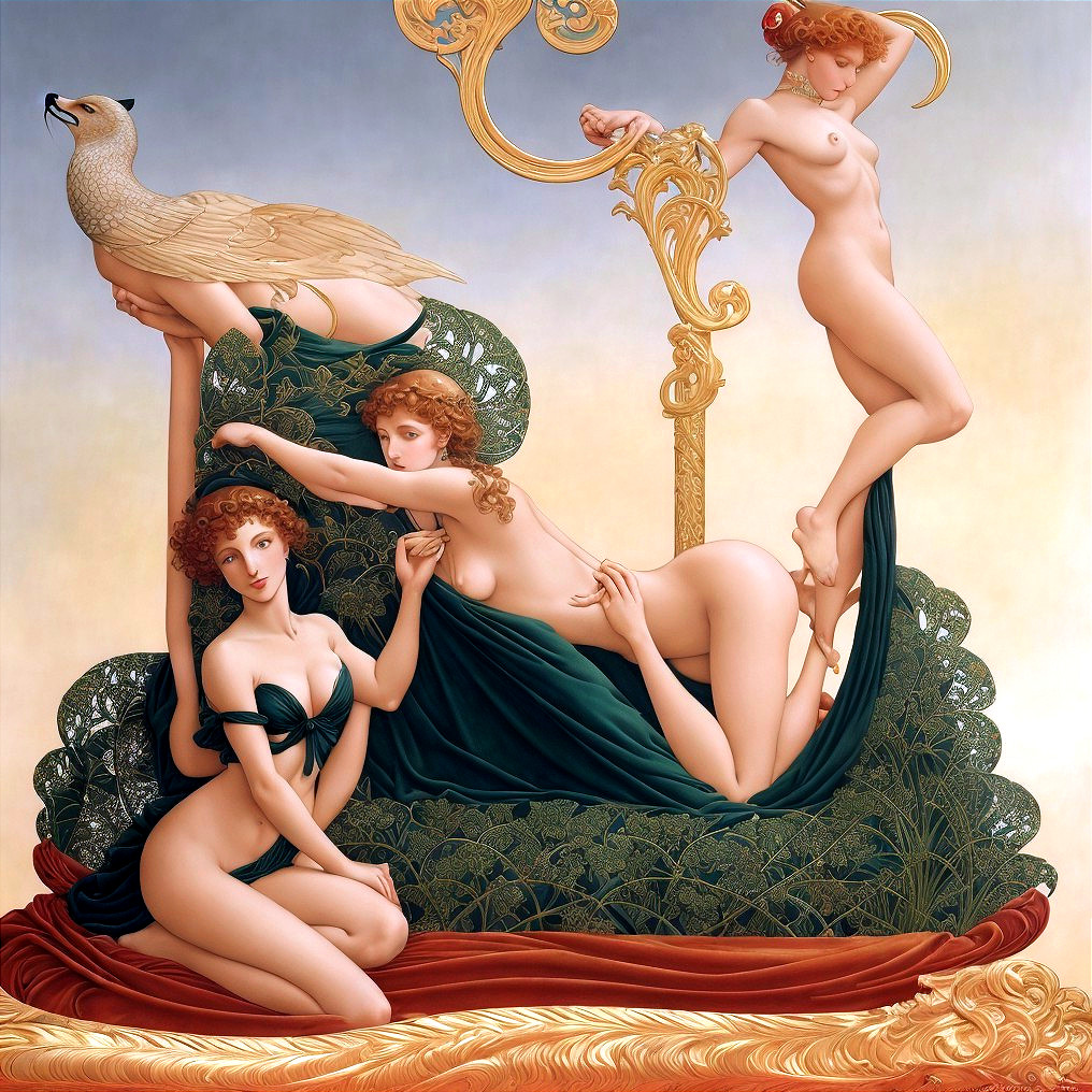 Nude Female Figures Intertwined in Lush Foliage
