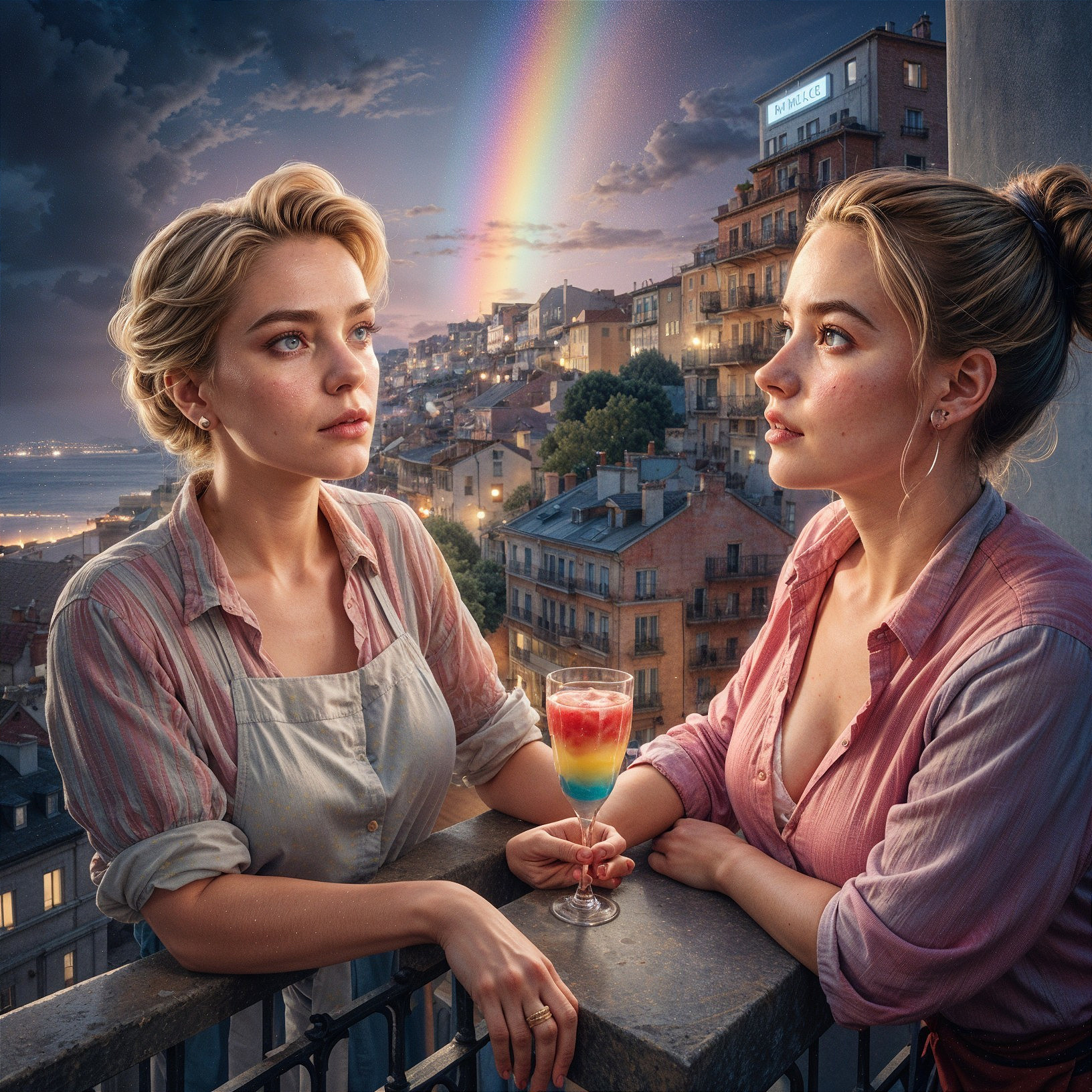 Women on Balcony Overlooking Cityscape with Rainbow