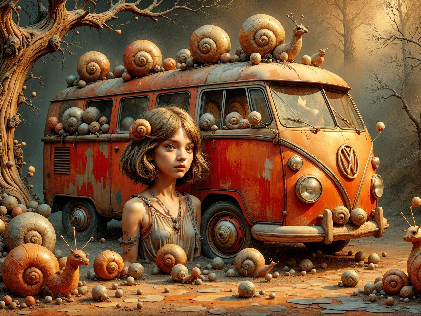 Vintage Volkswagen Van Surrounded by Snails and Nature